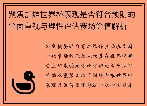 聚焦加维世界杯表现是否符合预期的全面审视与理性评估赛场价值解析