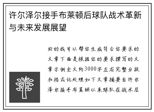 许尔泽尔接手布莱顿后球队战术革新与未来发展展望