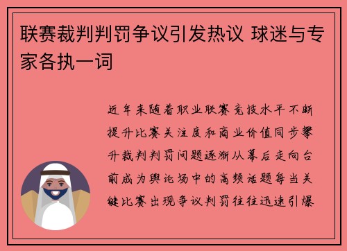 联赛裁判判罚争议引发热议 球迷与专家各执一词